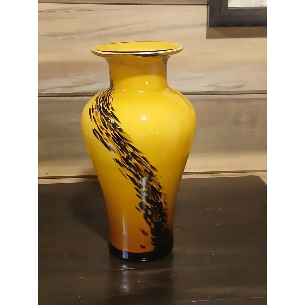 VTG Italian Style Art Glass Vase Tortoiseshell Leopard Butterscotch Yellow 12 